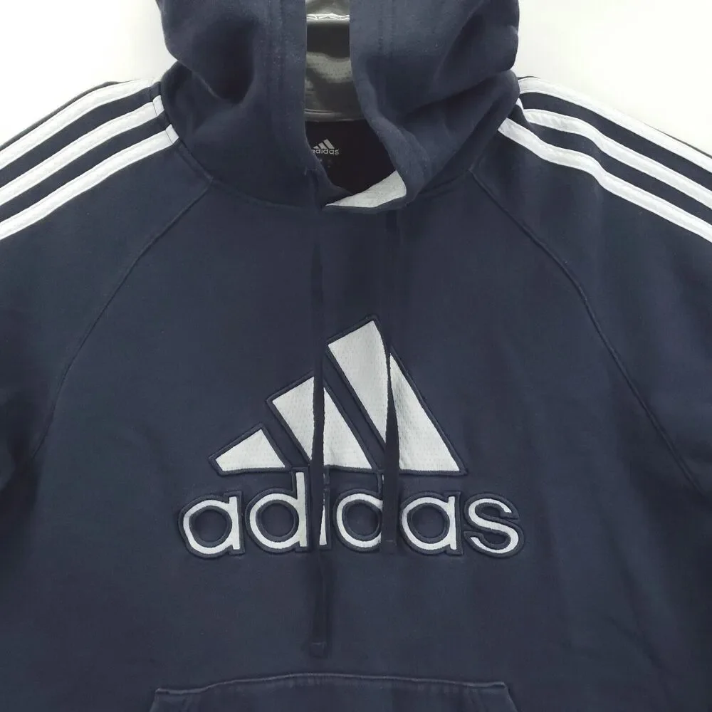Adidas Hoodie Mens Medium Blue Cotton 3-Stripe Embroidered Drawstring Pullover